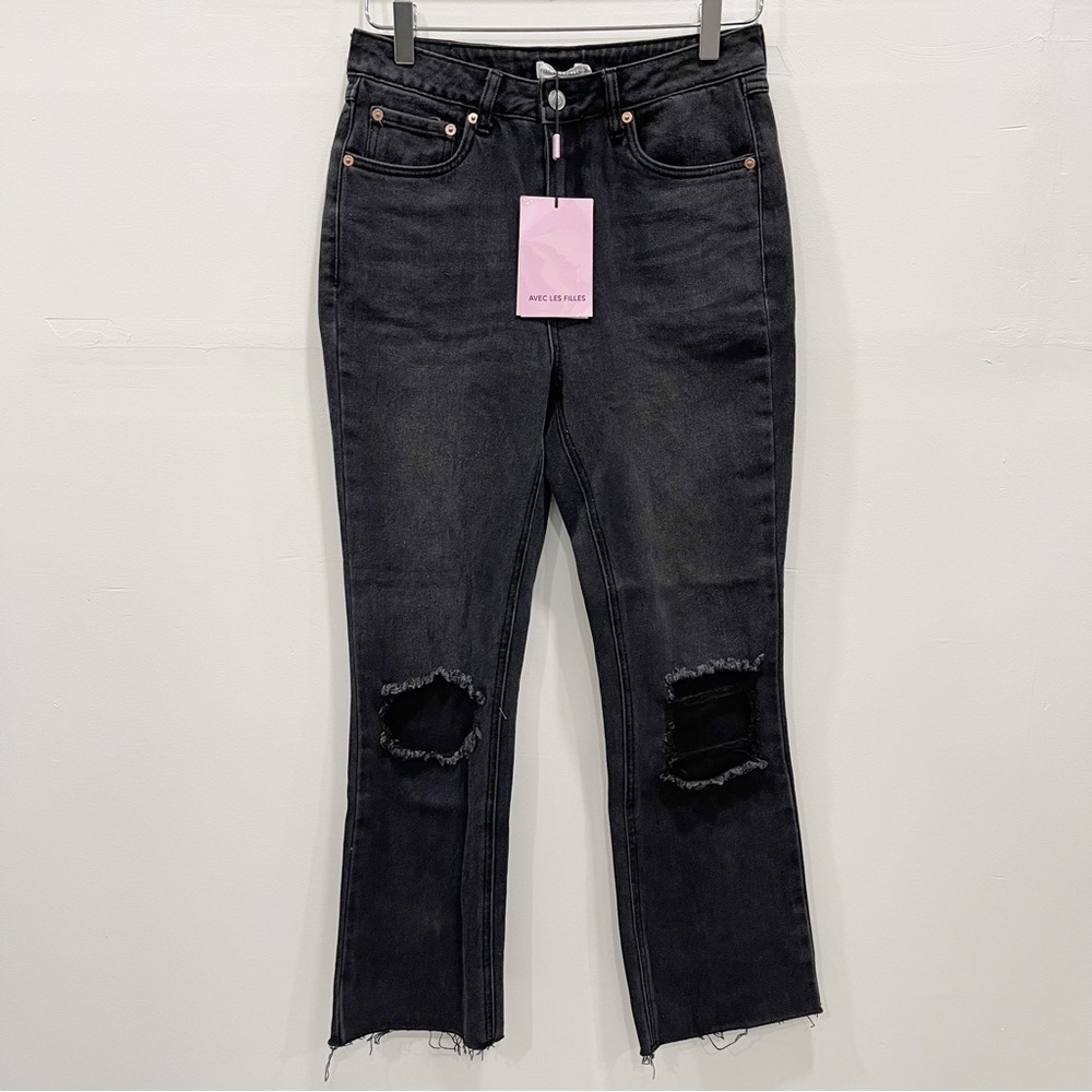 Aves Les Filles High Waist Blown Out Knee Jeans Black Size 26 Raw Hem - Picture 2 of 14
